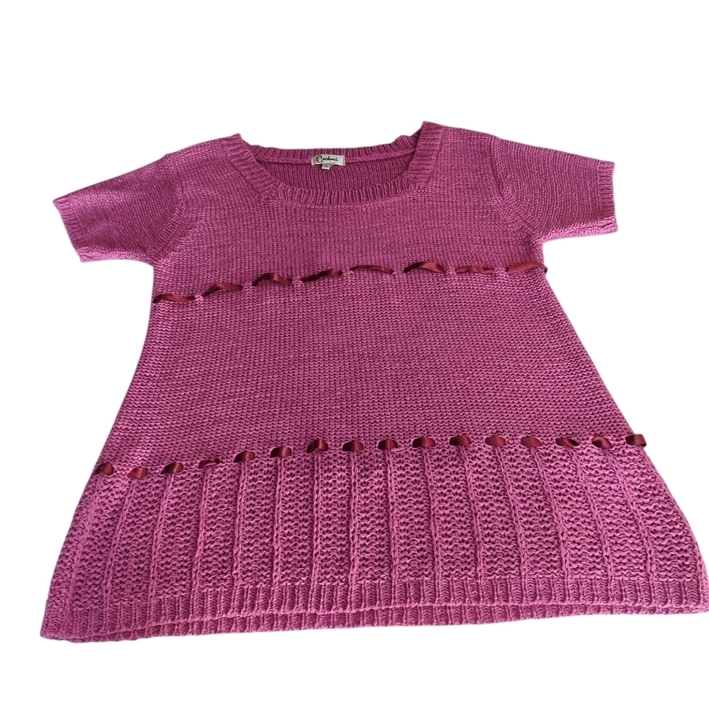 Carducci Top Womens Pink Ribbon knit Shortsleeve Crewneck Sweater Size XL - Picture 5 of 10